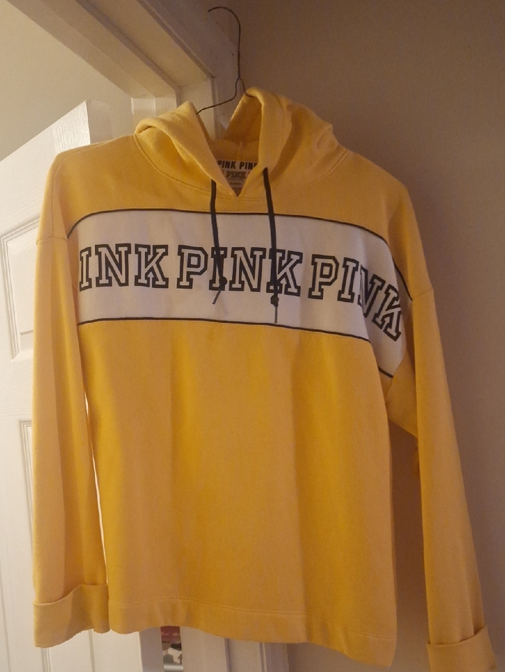 PINK Victoria's Secret Yellow Crewneck Hoodie with Contrast Chest Panel
